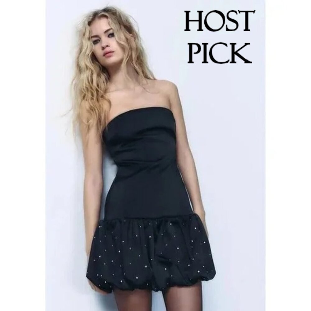 NWT Zara satin effect rhinestone applique balloon hem mini dress, XS